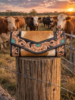Hand-Tooled Cowhide Wallet with Turquoise Accents - Brown